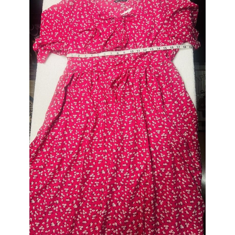 Bloomchic Rose Red Floral Dress Tie v-neck Pockets Below Knee Flare Sleeves 12 - Picture 4 of 6